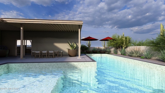 view of swimming pool featuring a fenced in pool, fence, and a patio