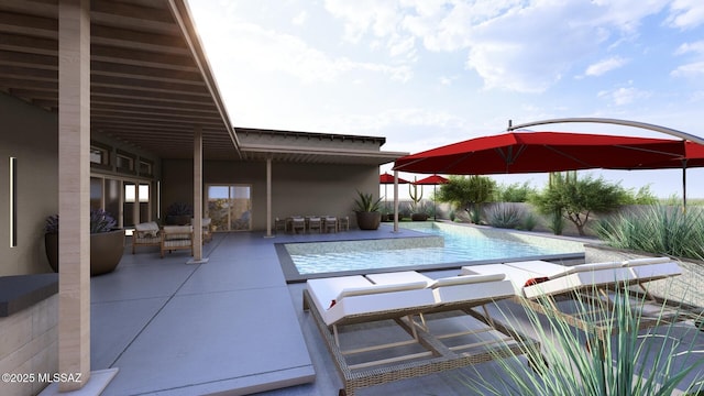 view of pool with a fenced in pool, a fenced backyard, and a patio area
