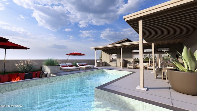 view of swimming pool with a fenced in pool, fence, and a patio