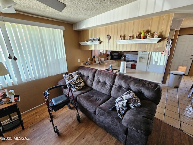 living area featuring a textured ceiling and wood finished floors