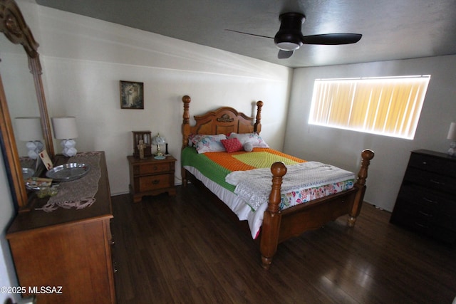 bedroom with a ceiling fan and wood finished floors