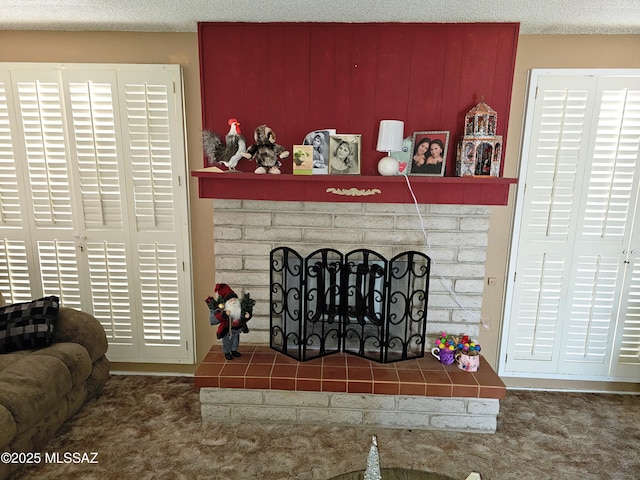 carpeted living area featuring a fireplace