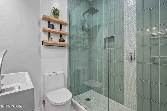 full bathroom with a sink, toilet, and a tile shower