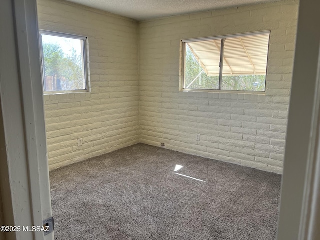 unfurnished room with carpet floors, a textured ceiling, and brick wall