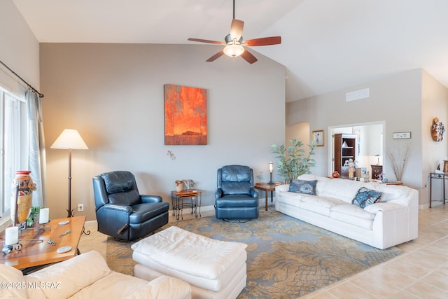 2740 E Ponce Ct, Green Valley, AZ 85614 - tiled living room with ceiling fan, baseboards, and high vaulted ceiling