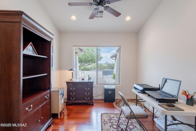 2740 E Ponce Ct, Green Valley, AZ 85614 - home office with wood finished floors, a ceiling fan, and recessed lighting