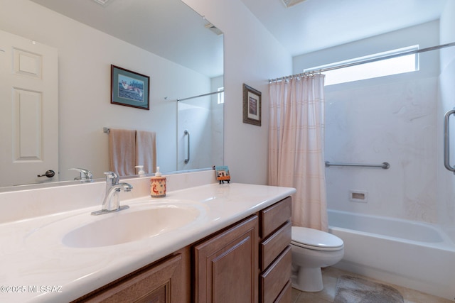 2740 E Ponce Ct, Green Valley, AZ 85614 - bathroom featuring toilet, vanity, shower / bath combination with curtain, and tile patterned flooring