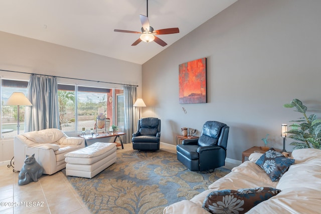 2740 E Ponce Ct, Green Valley, AZ 85614 - tiled living area with baseboards, high vaulted ceiling, and a ceiling fan