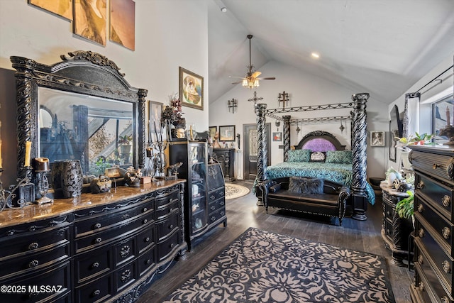 bedroom featuring high vaulted ceiling, multiple windows, and dark wood-type flooring