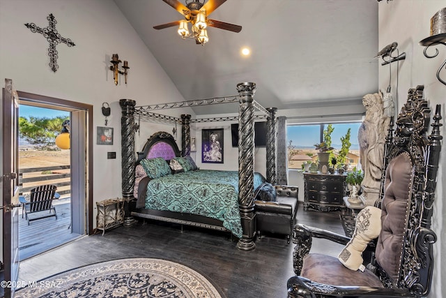 bedroom featuring a ceiling fan, wood finished floors, vaulted ceiling, and access to exterior