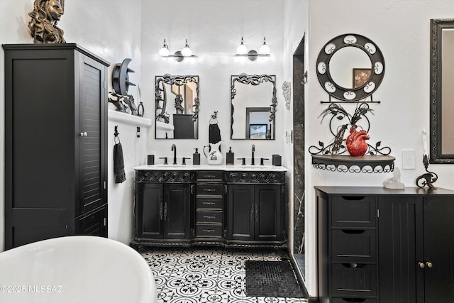 bathroom with double vanity, a sink, and a soaking tub