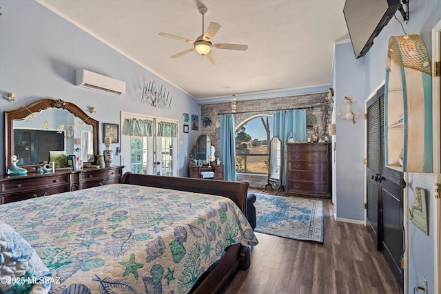 bedroom featuring french doors, crown molding, a wall mounted air conditioner, wood finished floors, and baseboards
