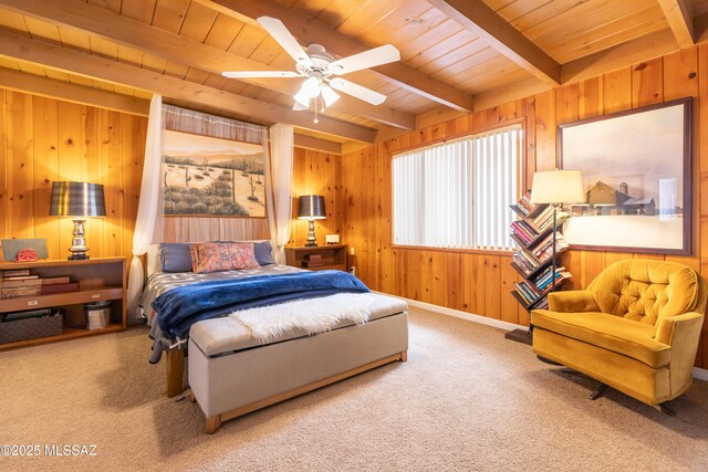 3541 E Cody St, Tucson, AZ 85716 - bedroom featuring wooden ceiling with exposed beams, carpet, wooden walls, baseboards, and a ceiling fan