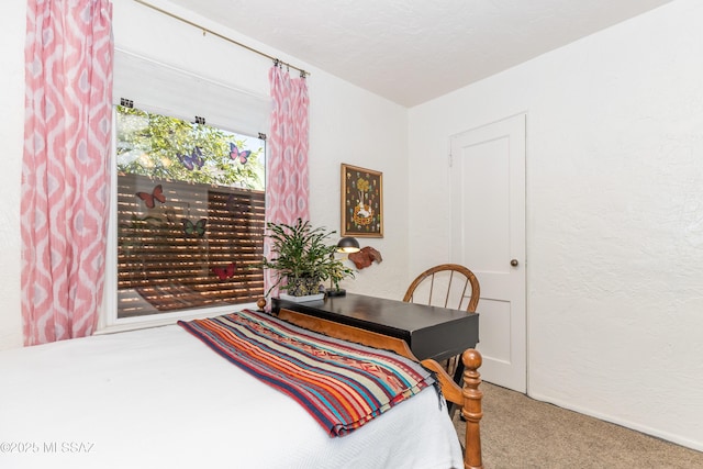 bedroom featuring carpet and a textured wall