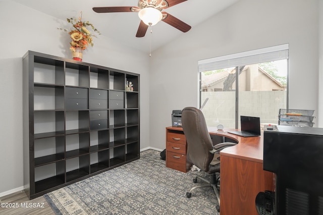 38459 S Bellrock Ct, Tucson, AZ 85739 - office space featuring a ceiling fan, lofted ceiling, and baseboards