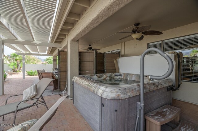 38459 S Bellrock Ct, Tucson, AZ 85739 - view of patio / terrace featuring ceiling fan, a hot tub, and fence