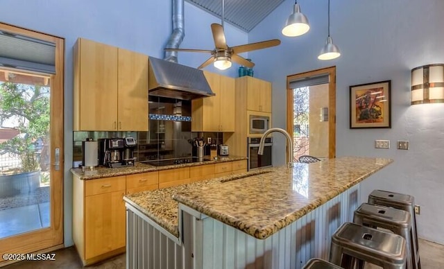 kitchen with a ceiling fan, high vaulted ceiling, stainless steel appliances, light stone countertops, and exhaust hood