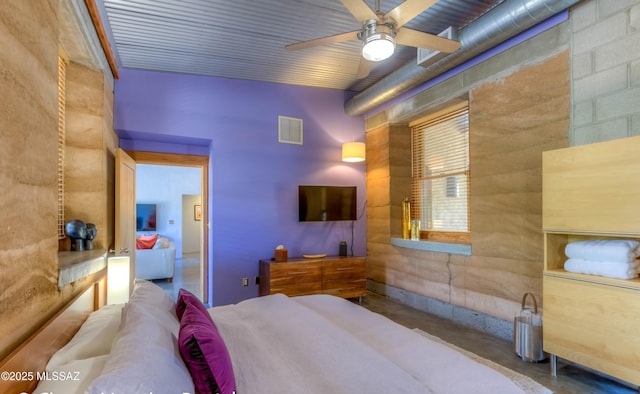 bedroom featuring ceiling fan, visible vents, and concrete flooring