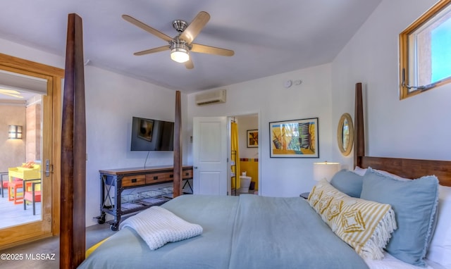 bedroom with ceiling fan and a wall unit AC