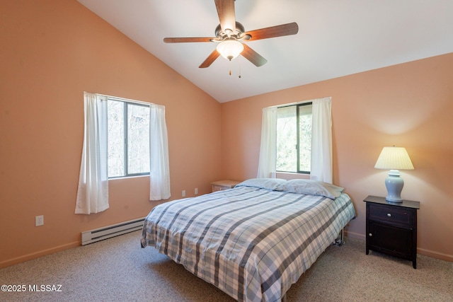 bedroom featuring baseboards, a baseboard radiator, carpet, and vaulted ceiling