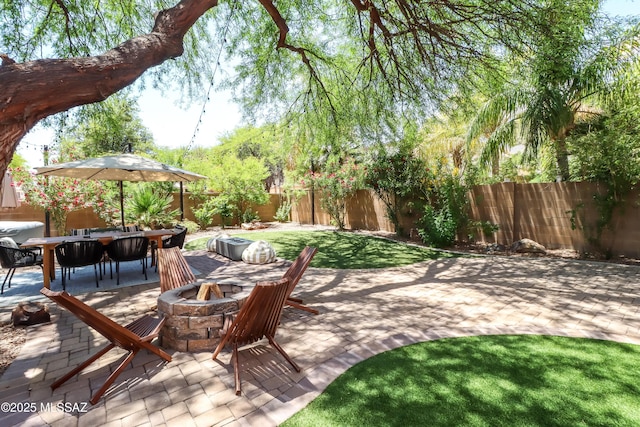 29 W Camino Rancho Viejo, Sahuarita, AZ 85629 - view of patio with an outdoor fire pit, a fenced backyard, and outdoor dining space