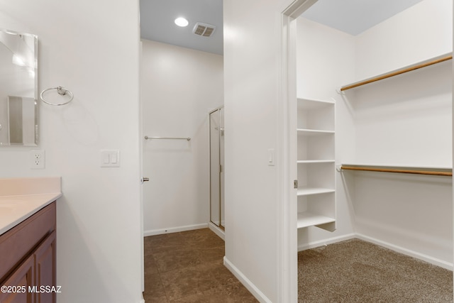11413 E Squash Blossom Loop, Tucson, AZ 85747 - bathroom featuring vanity, a shower stall, a walk in closet, and baseboards