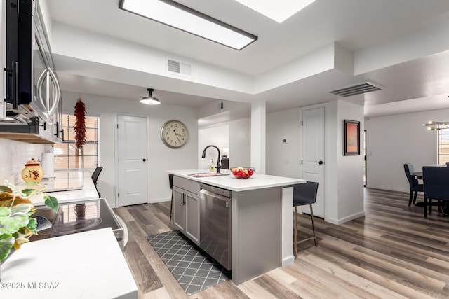 kitchen featuring a sink, appliances with stainless steel finishes, visible vents, light countertops, and light wood-style floors