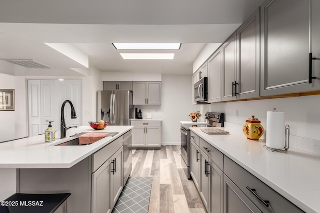 kitchen with a sink, stainless steel appliances, visible vents, light countertops, and gray cabinetry