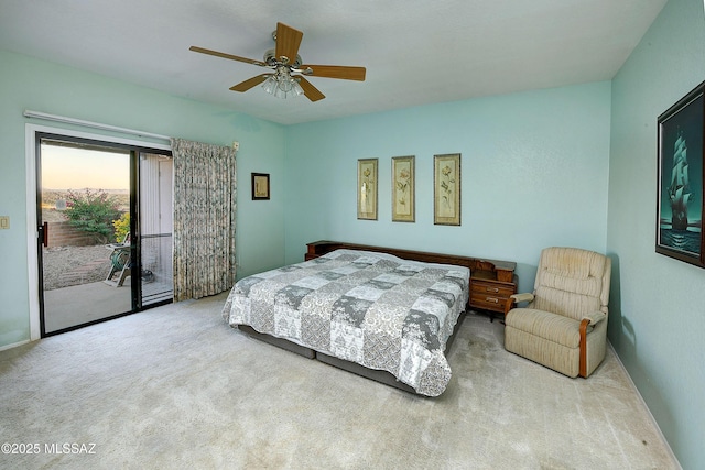 bedroom featuring ceiling fan, carpet flooring, baseboards, and access to exterior