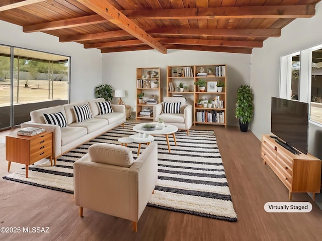 living room with wood ceiling, wood finished floors, and lofted ceiling with beams