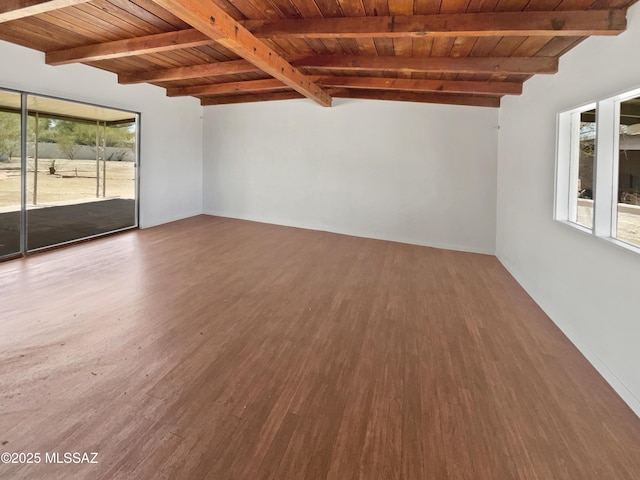 empty room with wooden ceiling, wood finished floors, and beam ceiling