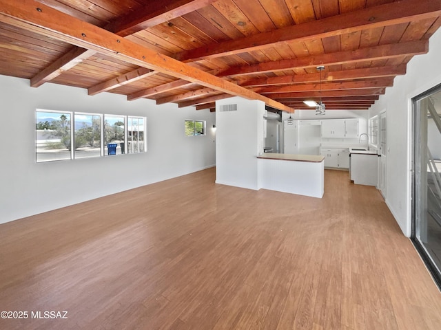 unfurnished living room featuring light wood-style floors, visible vents, beam ceiling, and wooden ceiling