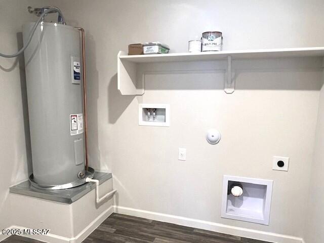 365 S Redwood Loop, Benson, AZ 85602 - clothes washing area with water heater, electric dryer hookup, washer hookup, dark wood-style flooring, and baseboards