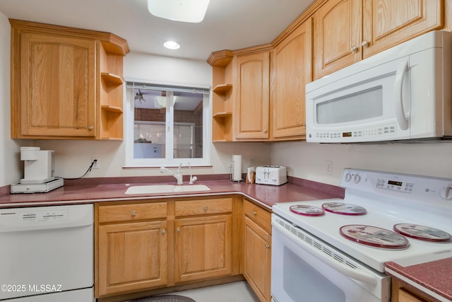 1047 E Hedrick Dr, Tucson, AZ 85719 - kitchen featuring white appliances, a sink, open shelves, dark countertops, and recessed lighting