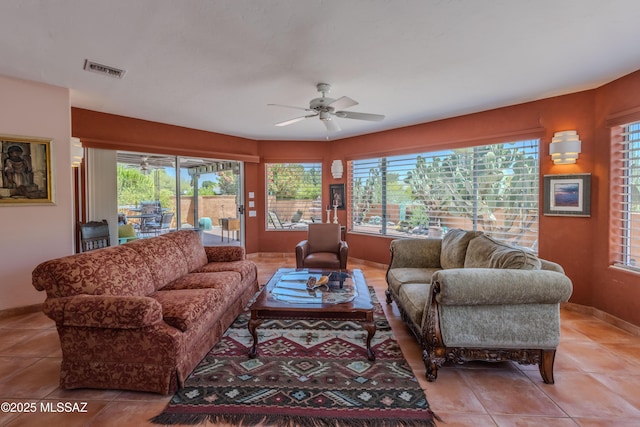 149 E Los Arcos, Green Valley, AZ 85614 - living area featuring light tile patterned floors, visible vents, baseboards, and a ceiling fan