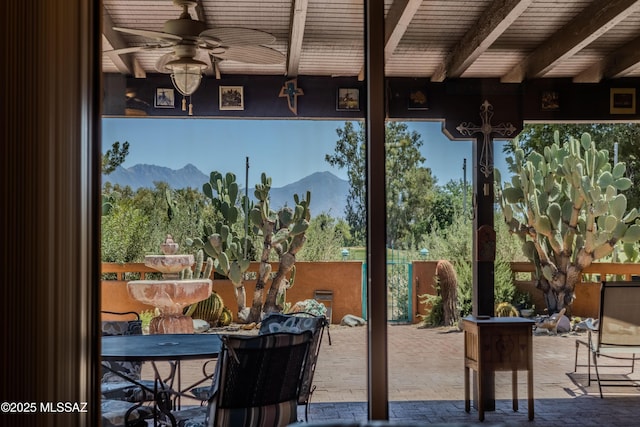 149 E Los Arcos, Green Valley, AZ 85614 - view of patio with a mountain view, fence, and ceiling fan