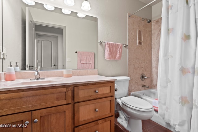 full bathroom with tile patterned flooring, shower / bath combo, vanity, and toilet