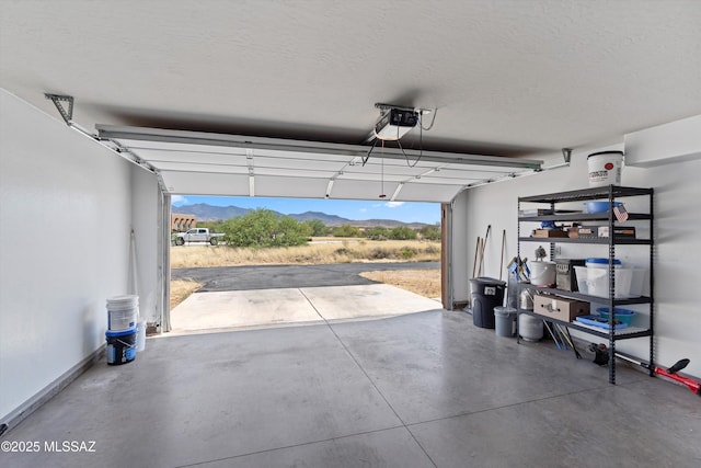 garage featuring a mountain view and a garage door opener