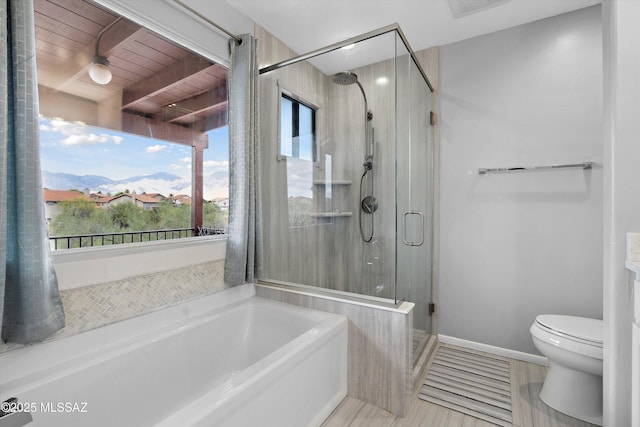 11846 N Copper Butte Dr, Oro Valley, AZ 85737 - full bathroom with a bath, toilet, a shower stall, and wooden ceiling