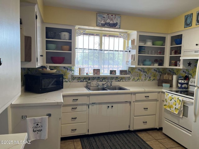 kitchen with a sink, open shelves, under cabinet range hood, black microwave, and electric range