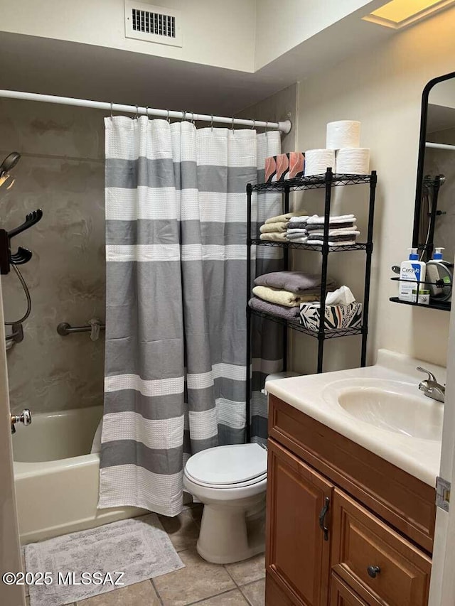 full bathroom featuring toilet, shower / tub combo, visible vents, tile patterned flooring, and vanity