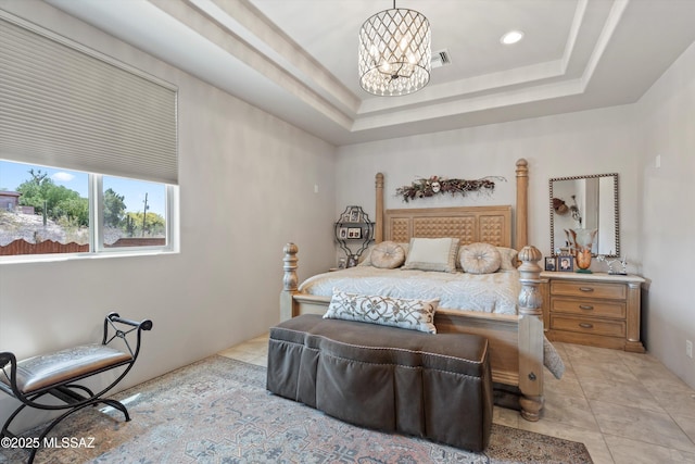 4544 N Camino Real, Tucson, AZ 85718 - bedroom with recessed lighting, an inviting chandelier, a tray ceiling, and visible vents