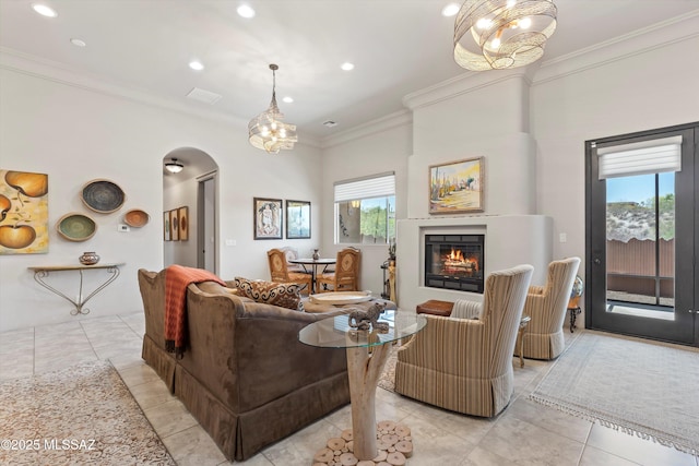 4544 N Camino Real, Tucson, AZ 85718 - living room with ornamental molding, a wealth of natural light, arched walkways, and recessed lighting