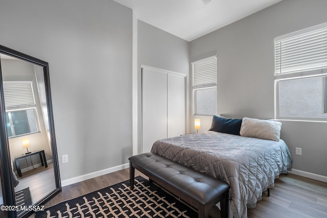 156 E Stone Ct, Tucson, AZ 85705 - bedroom featuring wood finished floors, a closet, baseboards, and multiple windows