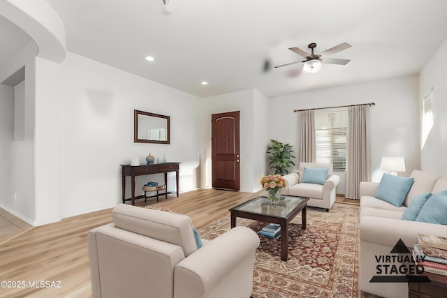 1933 E Lafayette Ave, Gilbert, AZ 85298 - living area featuring baseboards, recessed lighting, light wood-style flooring, and ceiling fan