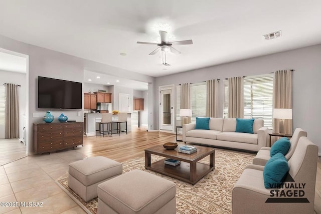 1933 E Lafayette Ave, Gilbert, AZ 85298 - living room with a ceiling fan, recessed lighting, light tile patterned floors, and visible vents