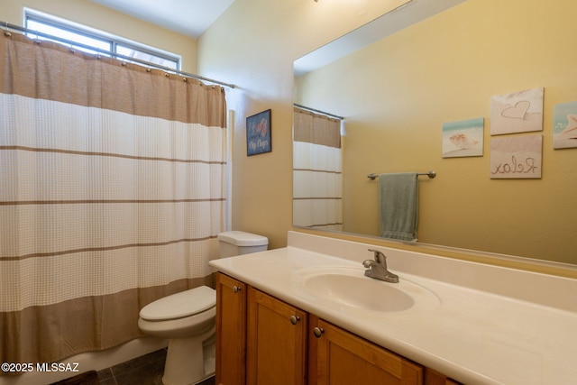 12445 N Crimson Vista Dr, Marana, AZ 85658 - bathroom with toilet, vanity, tile patterned floors, and curtained shower