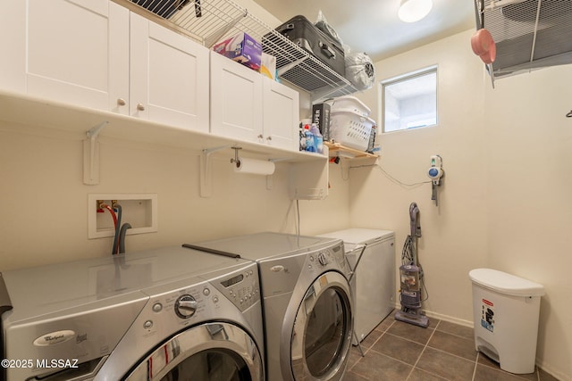 12445 N Crimson Vista Dr, Marana, AZ 85658 - laundry area featuring cabinet space, washer and dryer, dark tile patterned floors, and baseboards