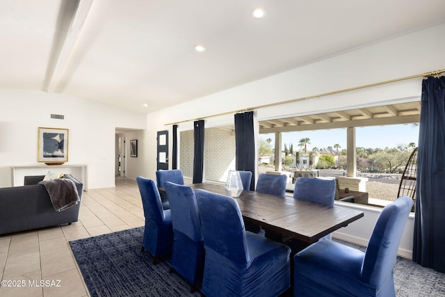dining space featuring lofted ceiling with beams, light tile patterned flooring, visible vents, recessed lighting, and baseboards