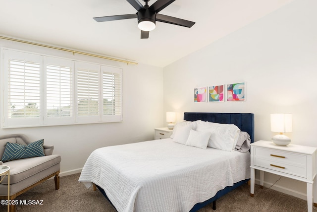 bedroom with baseboards, ceiling fan, carpet, and vaulted ceiling
